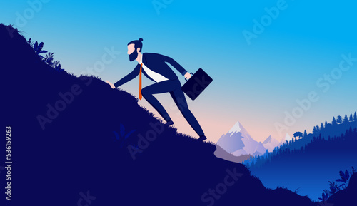 Climbing businessman - Business person walking up steep hill. Challenge and adversity concept. Vector illustration