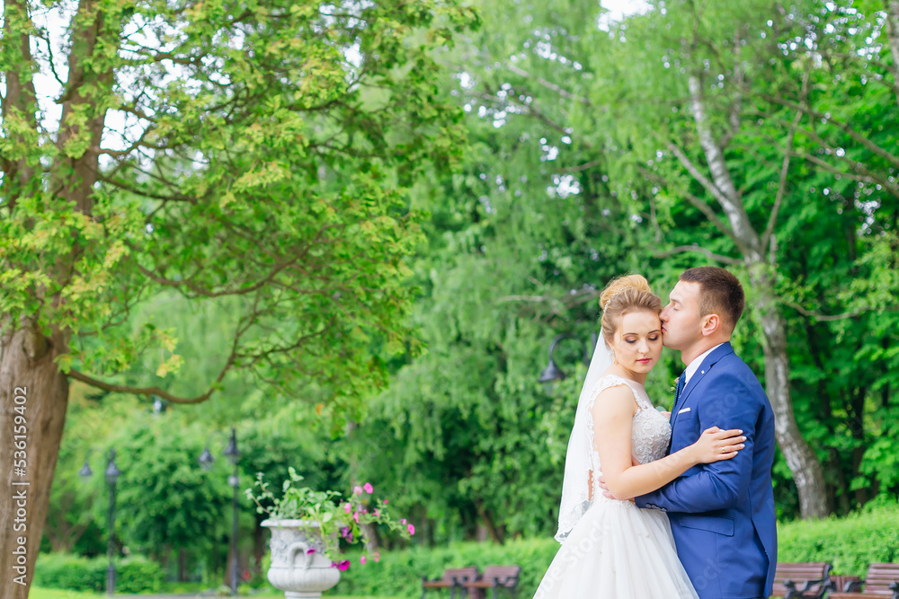 the groom kisses the bride and they close their eyes. walk in th the groom kisses the bride and they close their eyes. walk in th