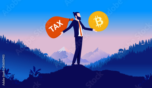 Bitcoin tax - Businessman standing with crypto currency coin and bag of taxes outdoors in landscape. Flat design vector illustration 