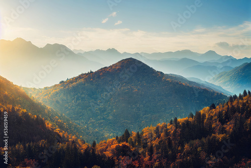 beautiful autumn forest mountain sunset landscape