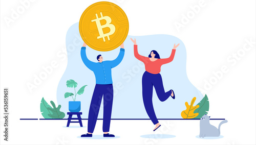 Bitcoin man and woman - Two cartoon vector people celebrating getting one whole crypto currency coin. Flat design illustration with white background
