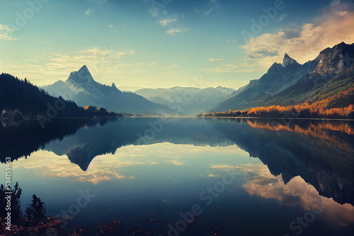 Beautiful autumn forest lake mountains landscape, warm colors, water reflections © Gbor