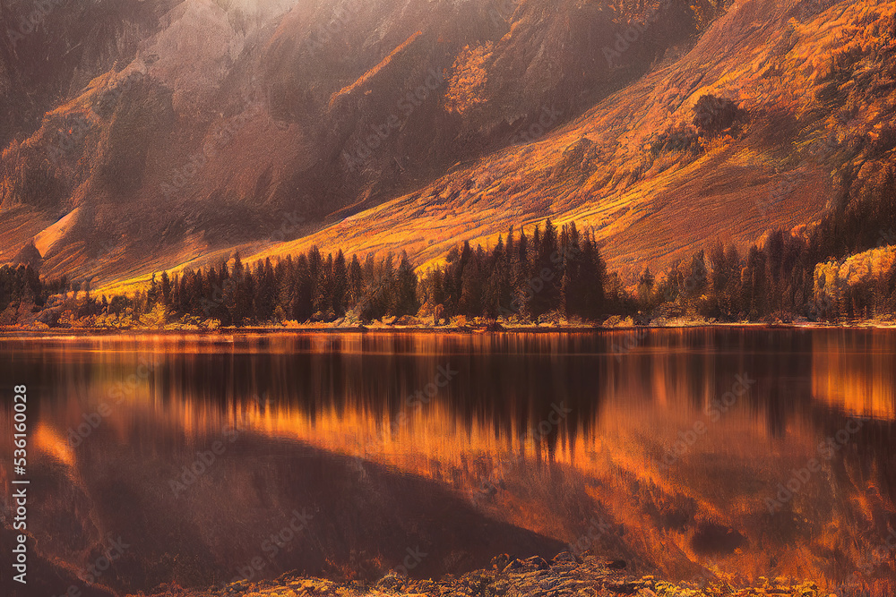 Beautiful autumn forest lake mountains landscape, warm colors, water reflections
