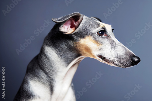Portrait of cute baby greyhound puppy dog in studio