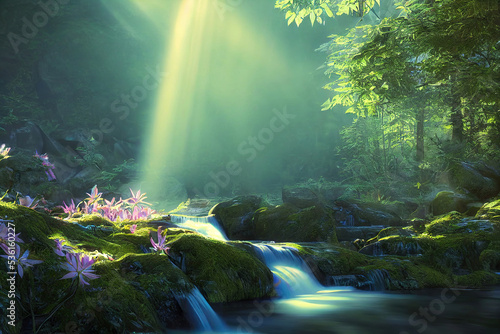 beautiful forest scene  waterfall in the woods  sun beams shine through the leaves  lush green foliage  cg illustration