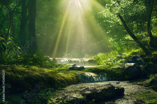 beautiful forest scene, waterfall in the woods, sun beams shine through the leaves, lush green foliage, cg illustration