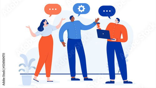People dialogue - Team of casual business people talking and discussing work and project. Flat design cartoon vector illustration with white background