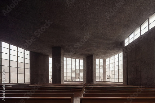 Concrete futuristic cathedral interior, huge stained windows, 3d render, 3d illustration