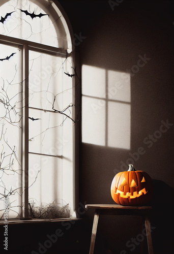 Halloween pumpkin lying on a chair, next to a gloomy window with rays of light 