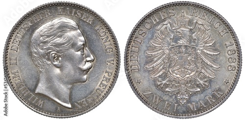 Germany German Prussia Prussian silver coin 2 two mark 1888, head of Kaiser Wilhelm II right, old type imperial eagle with shield on chest surrounded by order chain, crown with ribbon above, photo