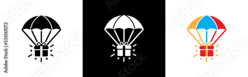 Surprise gift box with flying balloon icon. Birthday or Celebration party symbol signs, vector illustration