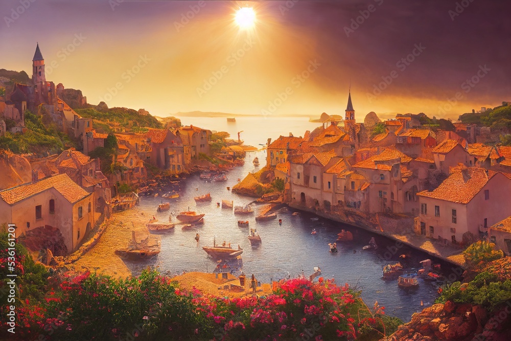 Stunning sunset over the abstract medieval town at the sea. Ai generated illustration, is not based on any real image.