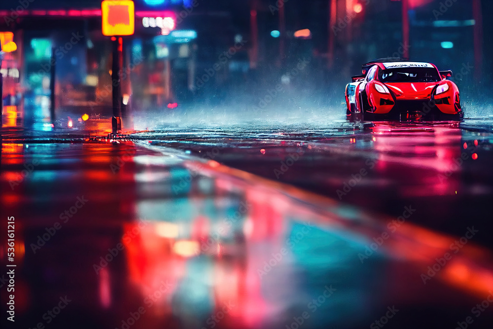 Modern sport car racing in the night at city streets with neon lights ...