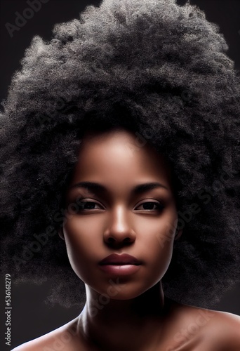 Stunning photorealistic portrait of black woman with big afro hairstyle. AI generated, is not based on any real image or character 