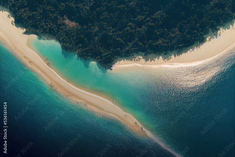 Photorealistic Aerial view of pure turquoise sea and white sandy beach of an island. AI generated, is not based on any real image or location
