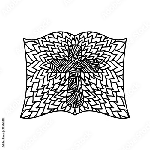 Christian doodle illustration. A cross inside a bible framed by leaves.
