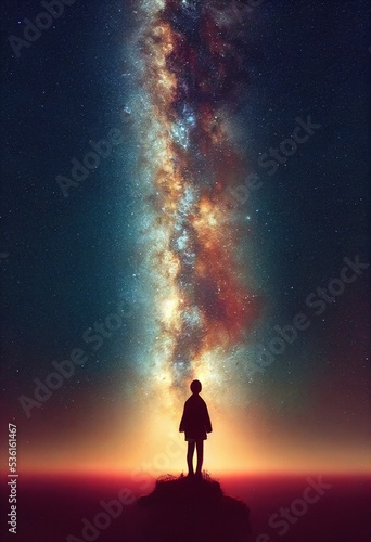 Photorealistic stunning landscape with milky way and human figure in silhouette. Ai generated is not based on any specific real image