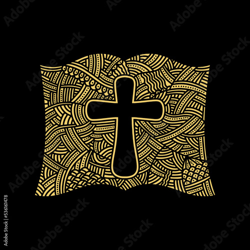 Christian doodle illustration. The Cross of Jesus Christ inside the Bible.
