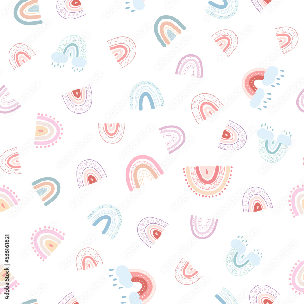 Seamless pattern with hand drawn rainbows, hearts, clouds, raindrops. Vector background with colorful pastel rainbow childish scandinavian style for fabric print, apparel, children textile design