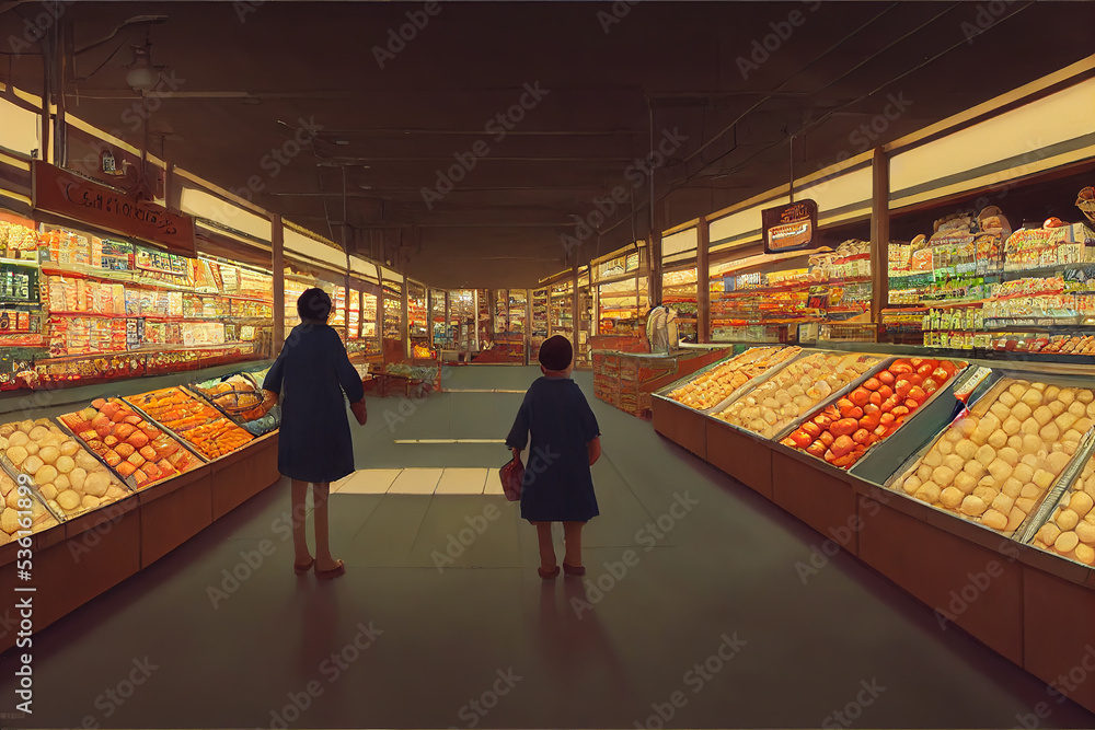 Fantasy anime concept of two characters walking down grocery store