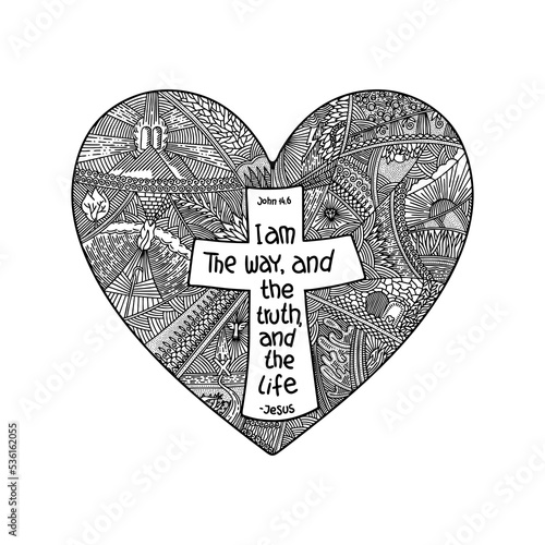 Christian doodle illustration. A heart with a cross inside. Jesus is the way and the truth and the life.