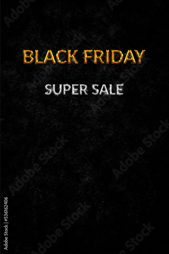 Black Friday Super Sale. Luxury dark textured background silver and golden text lettering. Vertical banner, poster, header website.