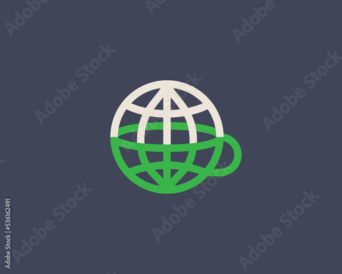 Abstract linear Earth, mug logo. Universal the Internet, global food network icon. Worldwide shipping logotype in flat style. Vector illustration.
