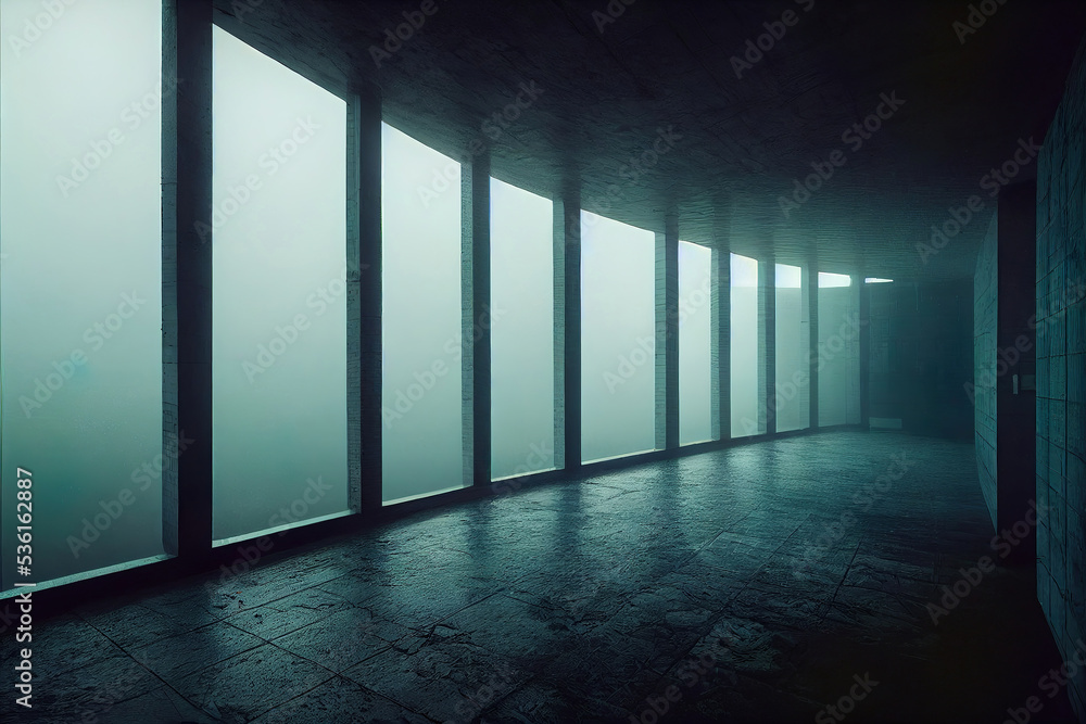 moody concrete architecture interior, dark foggy interior, utopian futuristic building, 3d render, 3d illustration