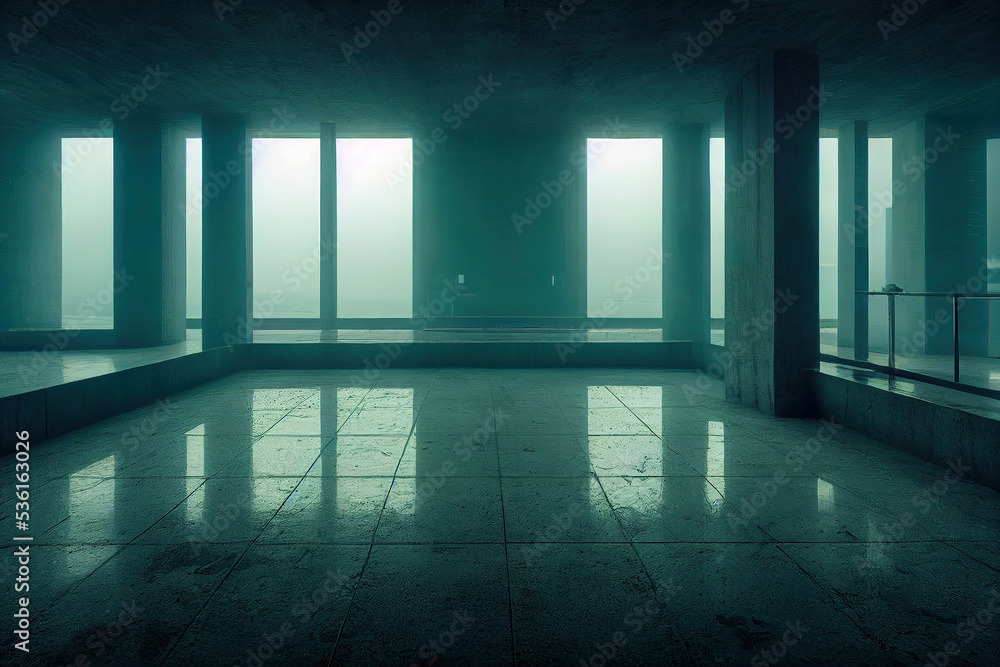 moody concrete architecture interior, dark foggy interior, utopian futuristic building, 3d render, 3d illustration