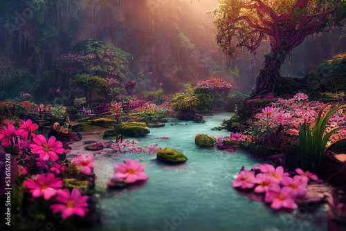 Graden of Eden, colorful flowers, beautiful lush nature background wallpaper, cg illustration © Gbor