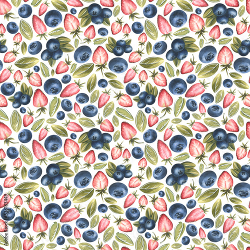 Seamless pattern with strawberries and blueberries  leaves on a white background. Watercolor illustration from a large set of SWEETS. For decoration and design of fabrics  textiles  kitchen