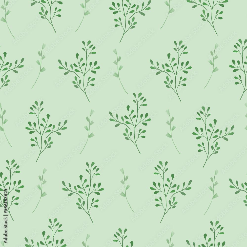 Seamless pattern hand drawn wild herbs on light green background