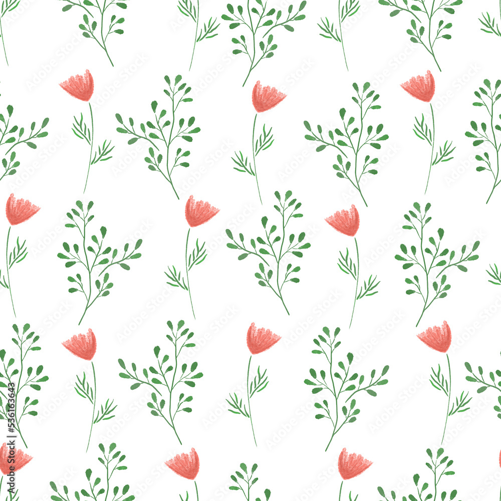 Seamless pattern hand drawn red poppy flowers and green herbs on white background