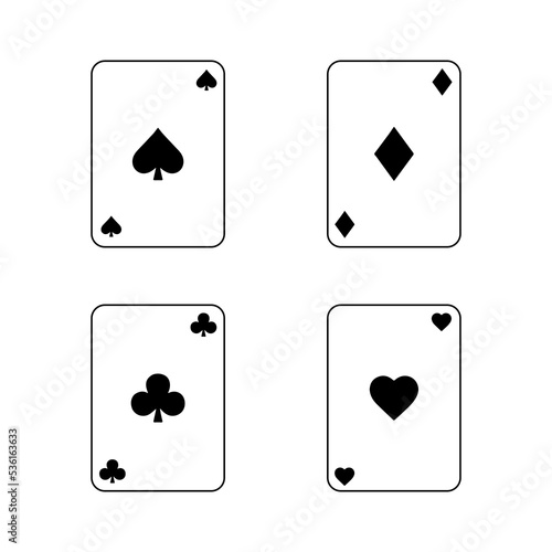4 playing cards of different suits. Chirva, buba, peak, cross. Black and white vector illustration. photo