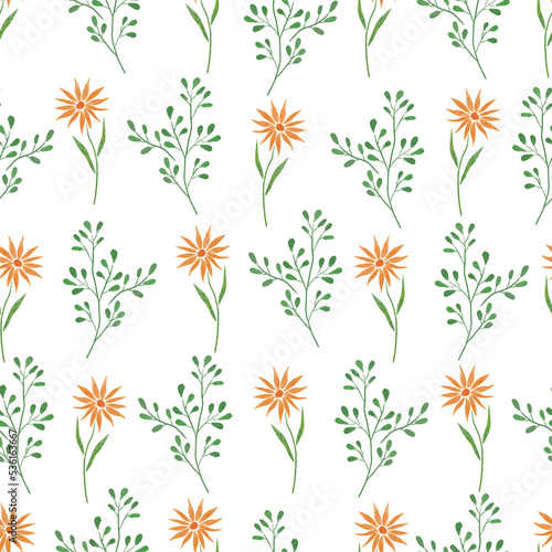 Seamless pattern hand drawn yellow flowers and green herbs on white background