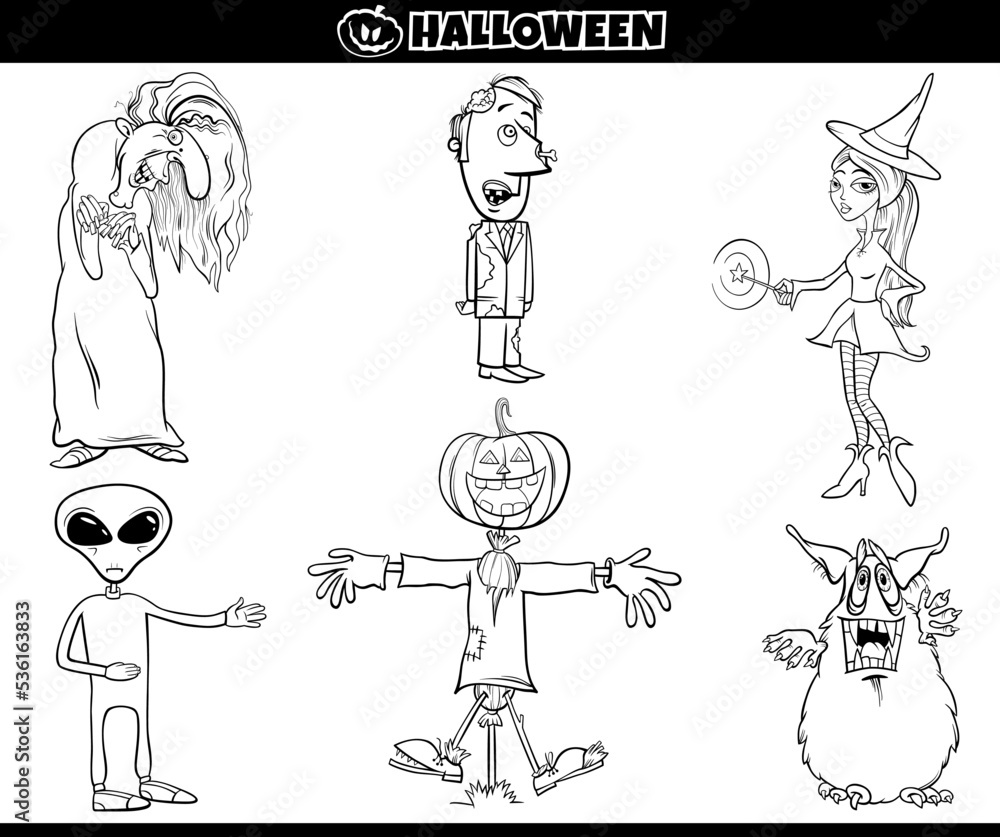 cartoon Halloween holiday characters set coloring page