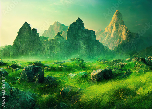 beautiful fantasy green grass mountain meadows  mountains  foggy landscape