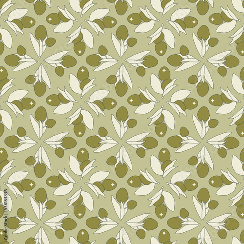 Discreet organic seamless pattern of olive branches on colored background
