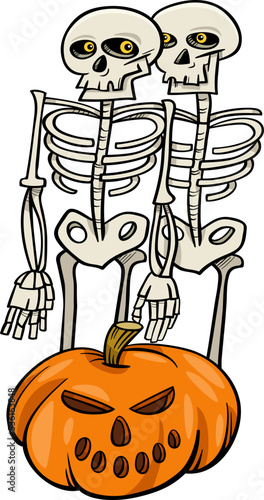 cartoon skeleton characters with Halloween pumpkin