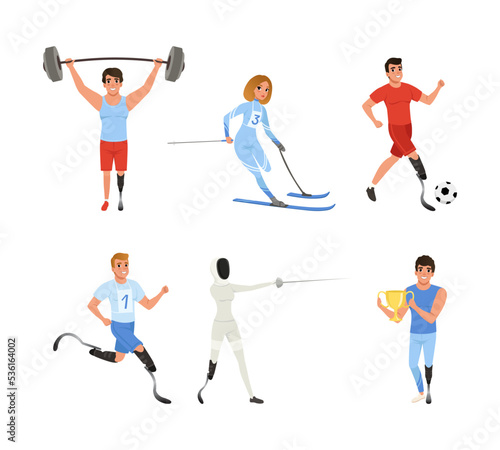 Disabled People Character Doing Sport Activity Participating in Competition Vector Set