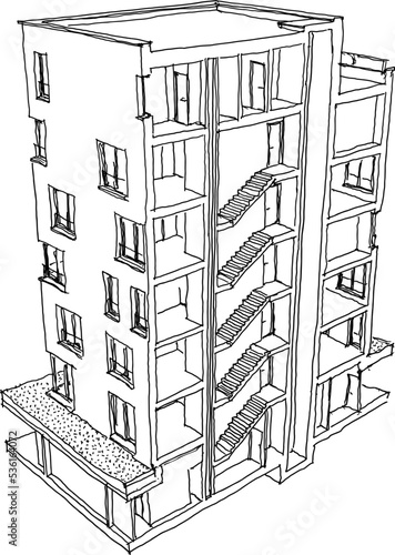 hand drawn sketch of Perspective cut away section of apartmen building with with six floors and staircase inside