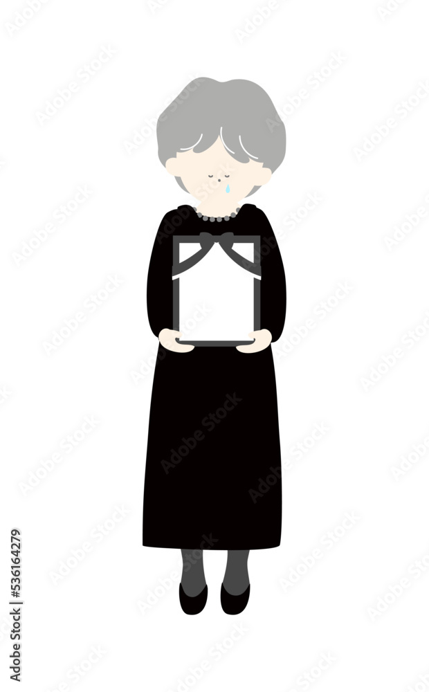 遺影を持って泣いている喪服の年配女性線なし 遺影を持って泣いている喪服の年配女性線なし