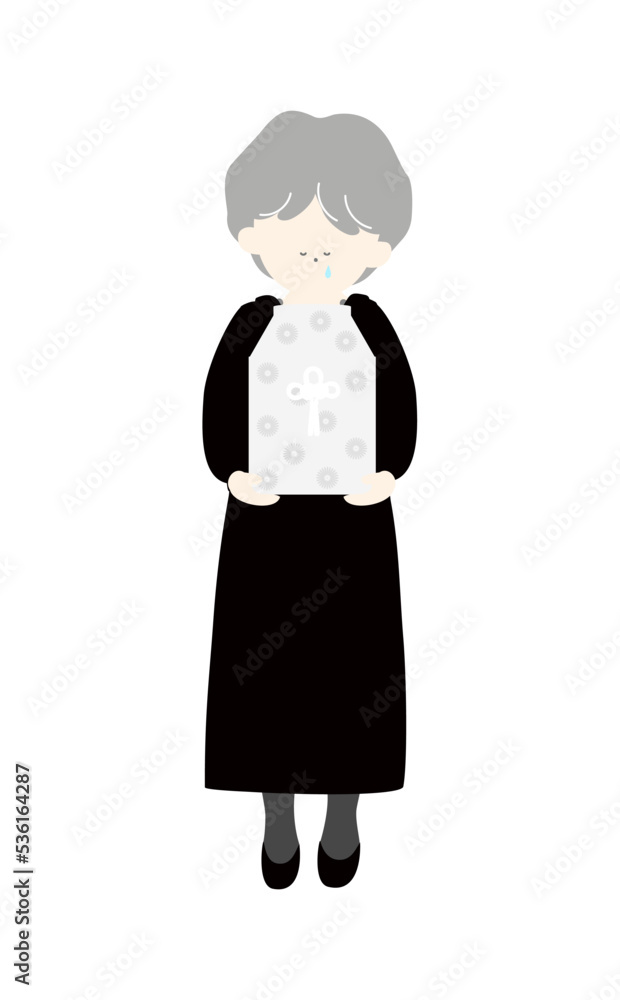 骨壷を持って泣いている喪服の年配女性線なし 骨壷を持って泣いている喪服の年配女性線なし