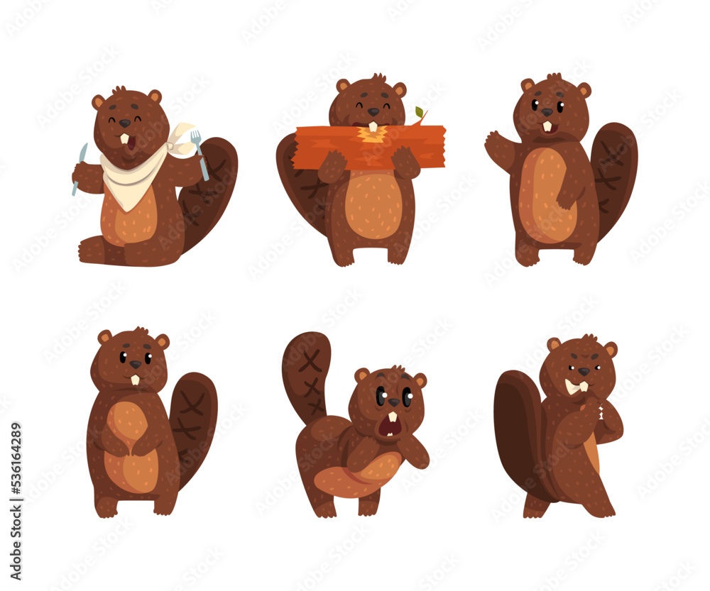 Fototapeta premium Funny Beaver Character with Friendly Snout Engaged in Different Activity Vector Set