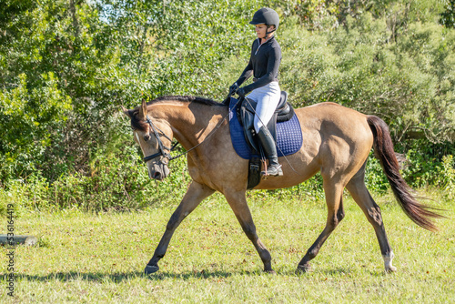 Fotografija An equestrian rides her horse for a dressage warmup.