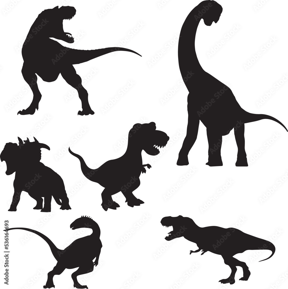 Set of black silhouettes of dinosaurs on a white background