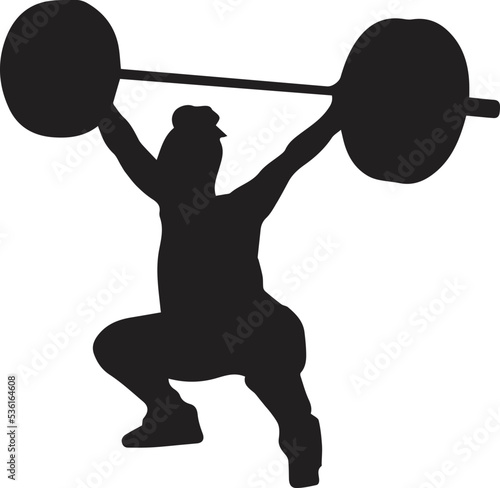 Weight lifting woman silhouette vector. Woman holds large dumbbell over head