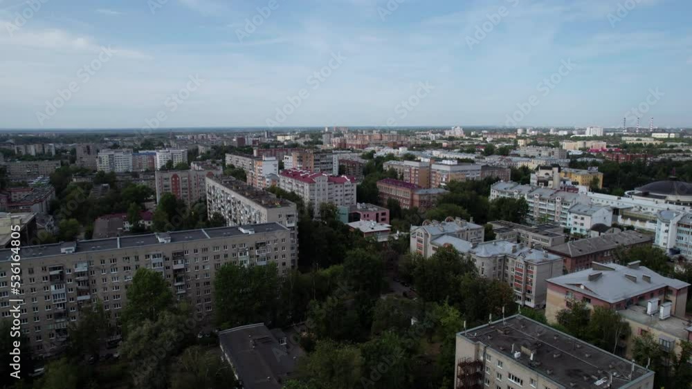 Yaroslavl, Russia - August 22 2022: Flight over rooftops Yaroslavl, Russia - August 22 2022: Flight over rooftops