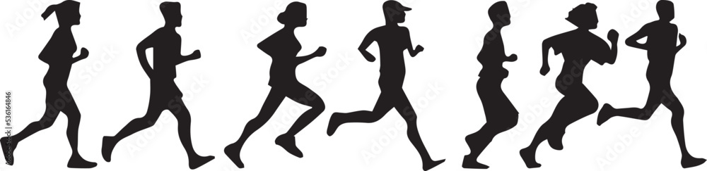 Running people silhouettes. Run concept. Men and Women jogging. Marathon race, sport and fitness  with runners and athletes in flat style. Vector illustration.