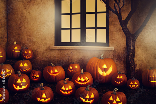 Spooky pumpkin lights next to window, Halloween pumpkins next to tree, pumpkins on floor. 